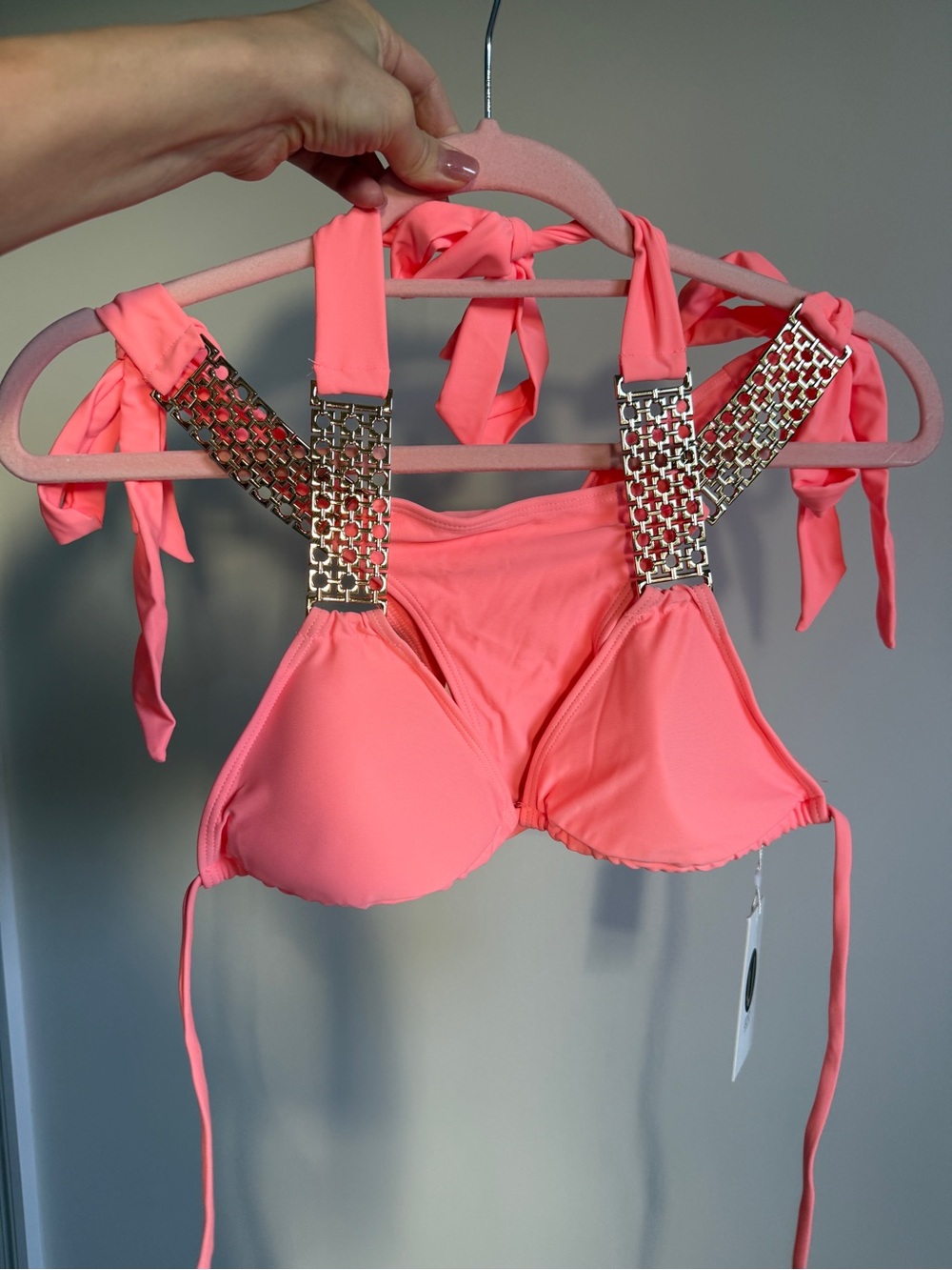Coral Pink Chain-Accent Push-Up Bikini Top and bottom